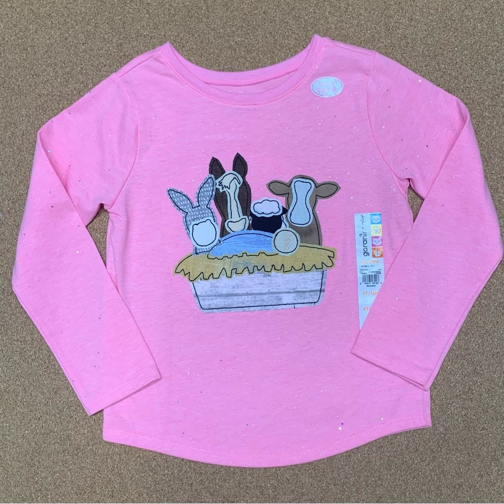 NEW Garanimals Pink Long Sleeve Tee with Manger Animal Applique Design size 4t